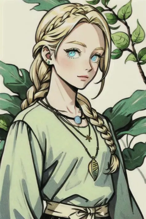 Woman, blonde, braid, cotte, celest eyes, leaf necklace
