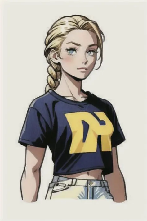 a drawing of a woman with a t - shirt that says h