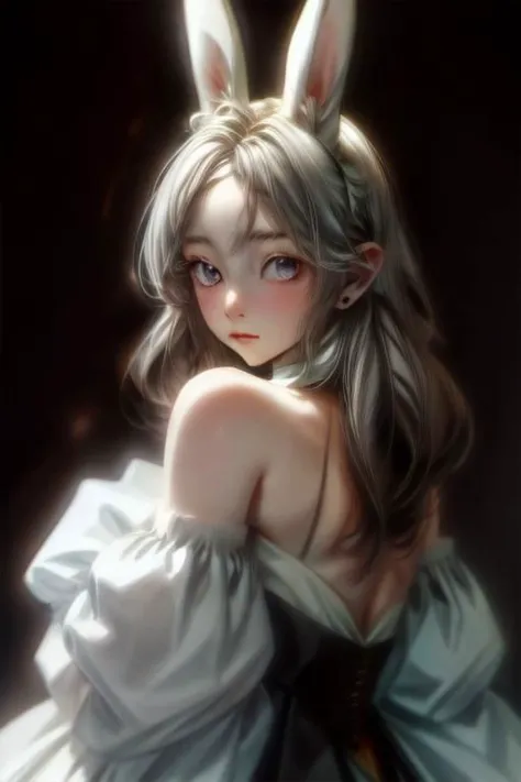 ultra detailed, beautiful and aesthetic, masterpiece, best quality, perfect hands,
{{bunny girl}} in her 20s with long  hair and with white bunny ears, upper body + ears, dark background
