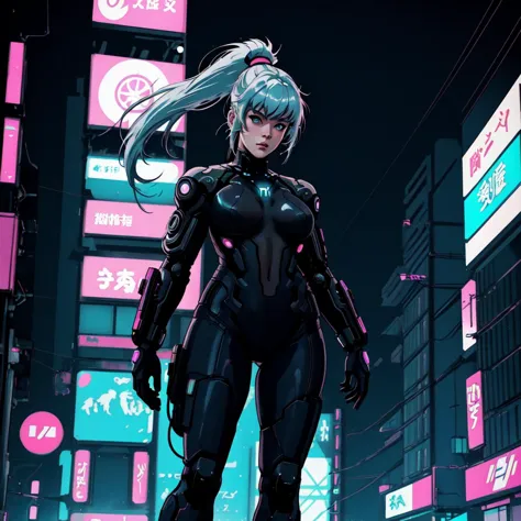 cyberpunk girl, Geist in der Muschel, Science-Fiction, Ganzkörper, Pferdeschwanz, Gesichtskamera, detaillierter Hintergrund, Neon-Tokio, von unten geschossen, Aktionspose, stellt ein,Gute Augen