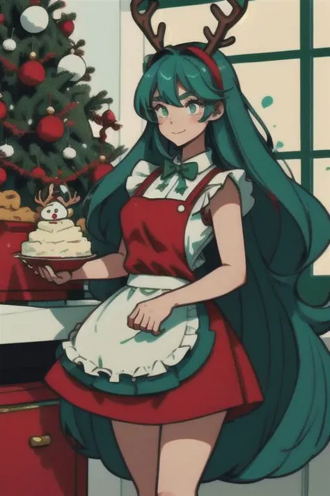 Girl baking cookies wearing a minimlist tight red minidress  with reindeer antlers and an apron covered in flour and green chuck taylors the dress is form fitting and she has very long flowing teal hair highlighted hair and is In a room with green and red christmas cookies