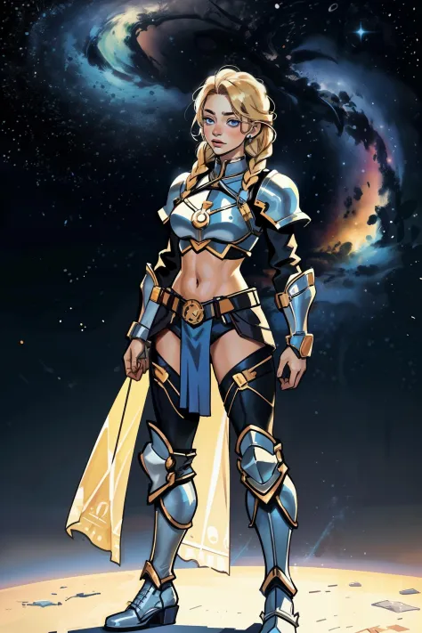 blonde braid
navel future blue armor boots
galaxy standing
looking up