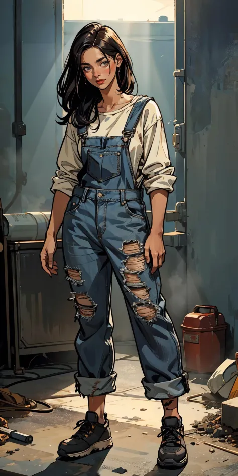 1woman miner 
overalls (open clothing) denim flannel slouchie sneakers
(action pose) full_body
dirty dusty atmosphere (crepuscul...