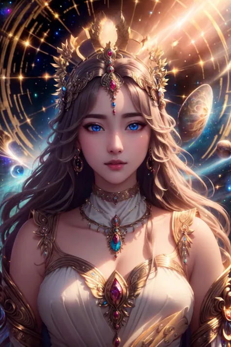 masterpiece, 8k, dslr, ultra-high quality, perfect face, clean, flawless, best illumination, ((a goddess of creation, creating a universe, majestic outfit, godly, in front)), very long hair, jewelery, hair ornament, cinematic lighting, beautiful and detail...