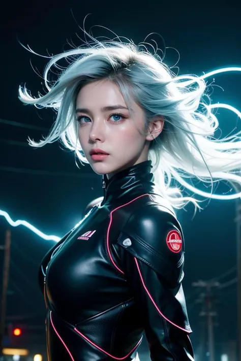 A charming girl suddenly appears from the future with electric shocks and plasma around her body and arms, style from The Termin...