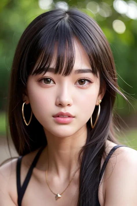 Nikon RAW photo,8 k,Fujifilm XT3,masterpiece, best quality, realistic, photorealistic,ultra detailed,Kpop idol, 25 years old, skinny, white shirt, jeans, close up portrait, detailed facial features, lipgloss, eyelashes, small breasts, serene expression, big circle earrings, jewelry, (best quality:1.4), (ultra highres:1.2), cinema light, extreme detailed illustration, depth of field, caustics, Broad lighting, natural shading, 85mm, f/1.4, ISO 200, 1/160s:0.75