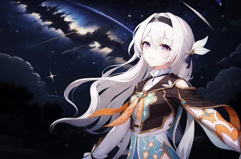 anime girl with long white hair and blue eyes standing in front of a starr sky