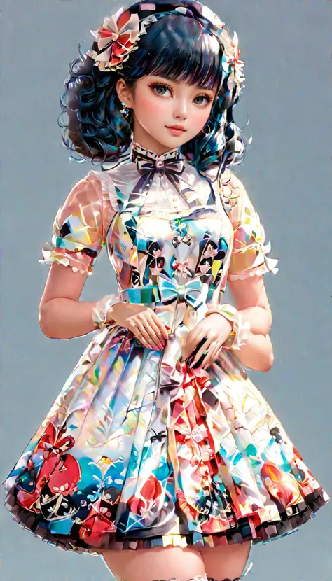 An anime design of a girl,Earth Red Rosewood Blue Black hair,holographic,intricate,elegant,sweet dress,highly detailed,digital painting,concept art,smooth,sharp focus,illustration,(full body shot), 