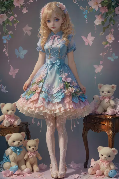 a close up of a woman in a dress with teddy bears