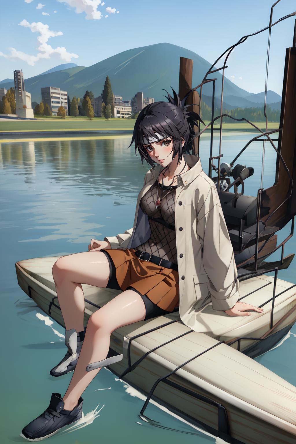 Anime girl sitting on a boat in the water with a mountain in the background  - SeaArt AI