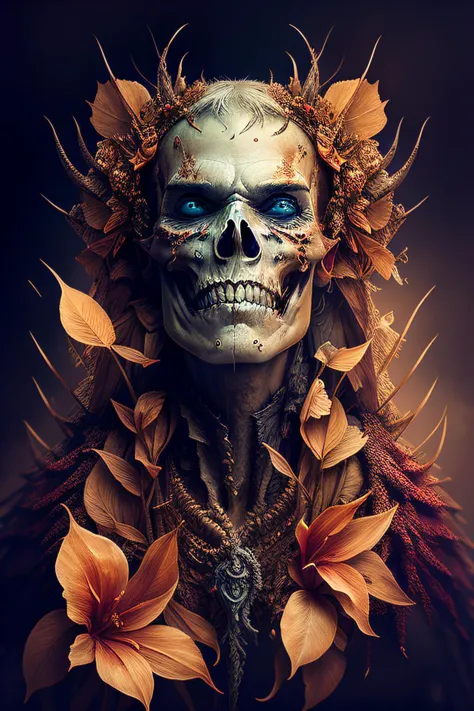 a close up of a person with a skull face and flowers