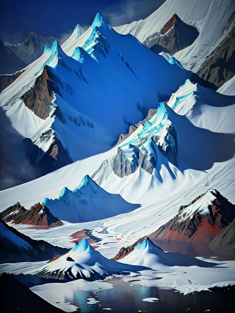 mountains covered in snow and ice with a lake in the foreground