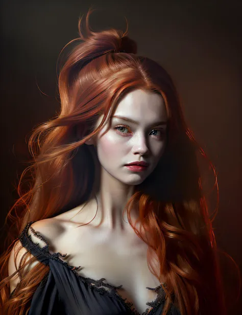 a woman with long red hair and a black dress