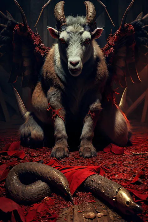 a goat headed demon with big horns, strong beefy upper body, blood body paints,  furs, ((claws, wings)),  demonic armor, blood splatters,  skulls on the floor, necromancer ritual , medieval,  dark room, dim light,
masterpiece, realistic, oil painting
<lora:aToZovyaRPGArtists_v2Art:0.5> <lora:darkRedVampire_v10:1>