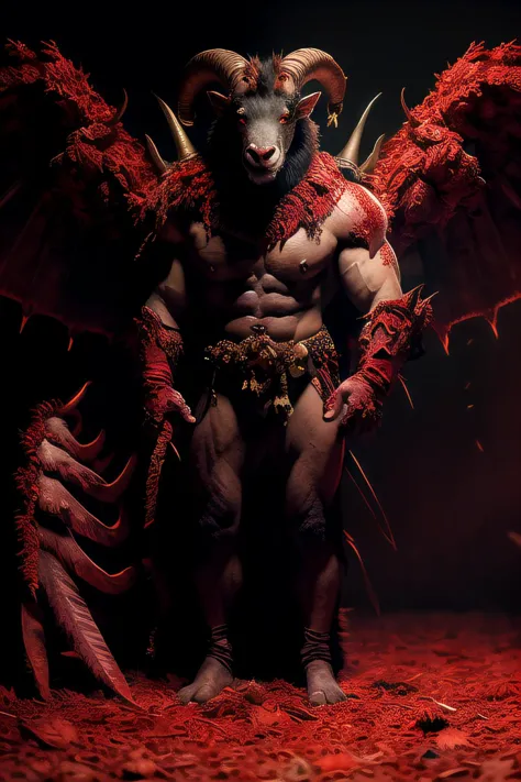 arafed male demon with horns and red feathers standing in a red field