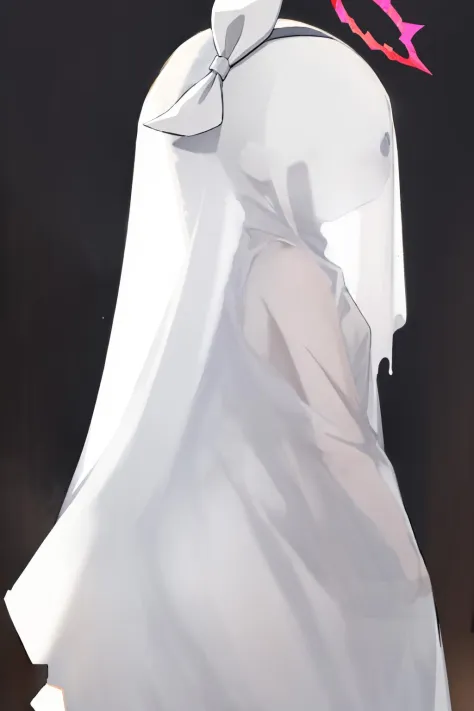 from side, small breasts,(faceless:1.2), 
(ghost costume:1.4),plana,halo,bow,white background, wet clothes  <lora:plana:1> <lora:ghost_costume_faceless:1>