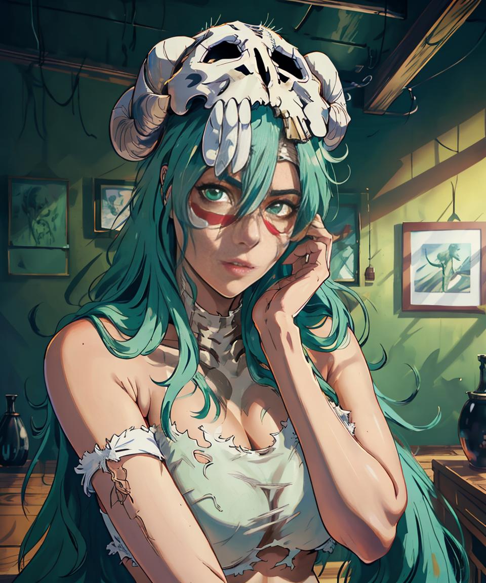 Anime girl with green hair and horns in a room - SeaArt AI