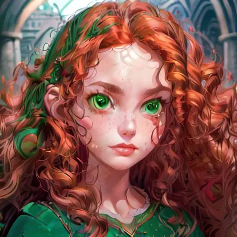 a close up of a girl with red hair and green eyes