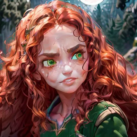 character: Merida, archer, armorer, medieval, good quality, disney style, red hair, (perfect_face), ((stone throne)), (stone cas...