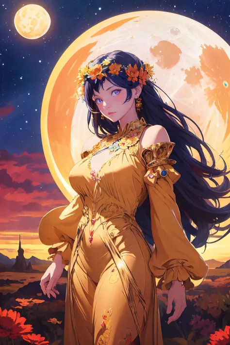 a woman in a yellow dress standing in front of a full moon