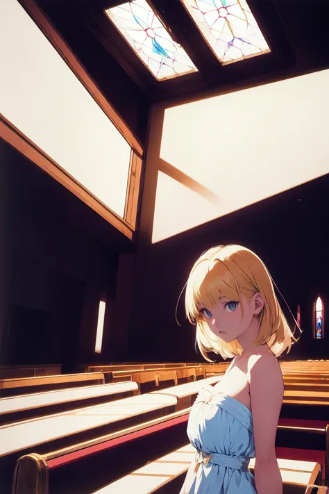 anime girl in a blue dress standing in a church with stained glass windows