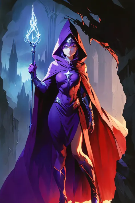 a woman in a purple cloak holding a staff and a sword