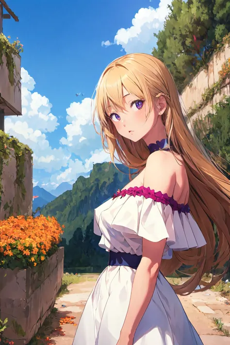 anime girl in white dress standing in front of a stone wall