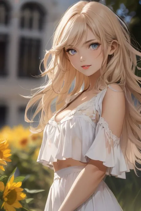 a woman with long blonde hair and blue eyes standing in front of sunflowers