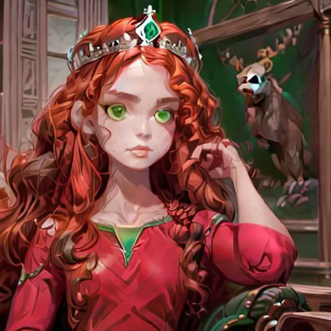 red dress, archer, armorer, medieval, good quality, disney princess style, red hair, (perfect_face), ((stone throne)), (forest),...