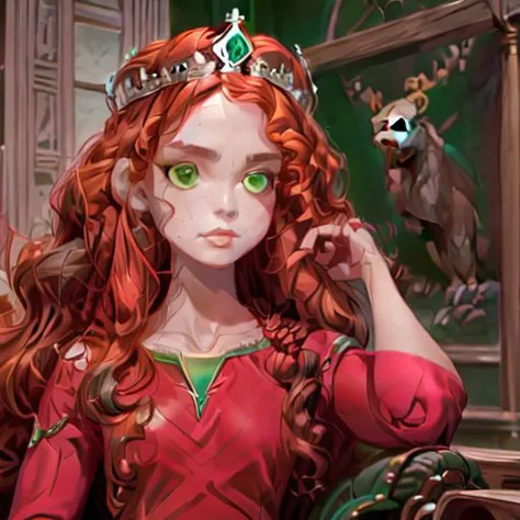 robe rouge, Archer, armurier, médiéval, bonne qualité, Style princesse Disney, cheveux roux, (parfait_affronter), ((trône de pierre)), (forêt), (parfait hands), ((chef-d&#39;œuvre)), curly cheveux roux, yeux verts, ((Ours noir)), coucher de soleil, portrait, (parfait affronter, detailed affronter, yeux détaillés,parfait hands,parfait fingers), tiare, couronne de reine, médiéval crown, (illustration de la meilleure qualité:1.2) ((grande qualité)) (ultra-détaillé, haute résolution:1.0), tout le corps, regarder le spectateur, detailed affronter and eyes, seulement, loraméride, cheveux roux, robe verte.