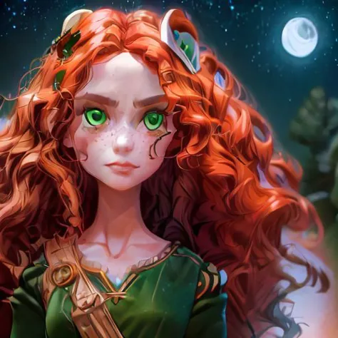 character: Merida, archer, armorer, medieval, good quality, disney style, red hair, (perfect_face), ((stone throne)), (stone castle), cold light, moonlight, (inside), (perfect hands), ((masterpiece)), curly red hair, green eyes, ((black bear)), sunset, portrait, (perfect face, detailed face, detailed eyes, perfect hands, perfect fingers), tiara, queen crown, medieval crown, ((great quality)) (ultra detailed), full body, looking at viewer, (((detailed face and eyes))), solo, loramerida, orange hair, green dress, colorful, detailed eyes, ((((night time)))), best aesthetic, instagram, intricate details, pixiv, hart shaped lips, (((highly details))), inside, ((moon)), moonlight, blue light, cold light, stone castle, inside, woman face, angry, open mouth,