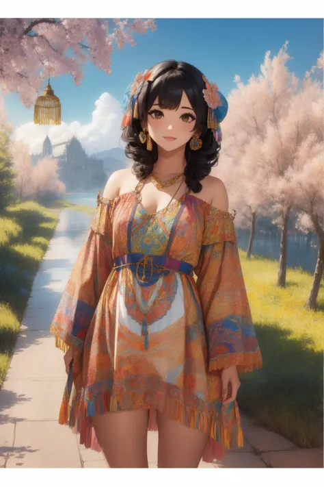 a woman in a dress standing on a path near a tree