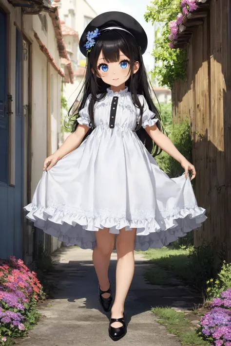 best quality,extremely detailed, (cute little girl, solo, 1girl, symmetrical eyes, drooping eyes, dark blue eyes , black hair, long hair:1.2), white skin, align bangs, white hat, white dress with frill, chuckle, full body, flower garden, ultra detailed, bloom lighting, amazing details,