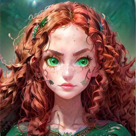 a close up of a woman with red hair and green eyes