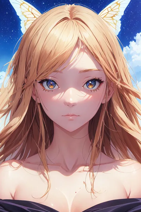 1girl blonde  Caucasian
mature
detailed face 
off shoulder
 god light 
butterflies 
wind
 Miho Hirano
 perspective 
 ( masterpiece,   ) (best quality)