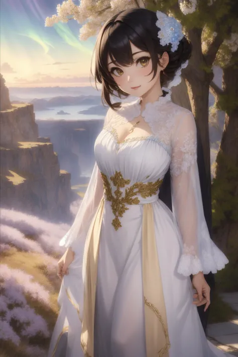 a woman in a white dress standing in front of a mountain