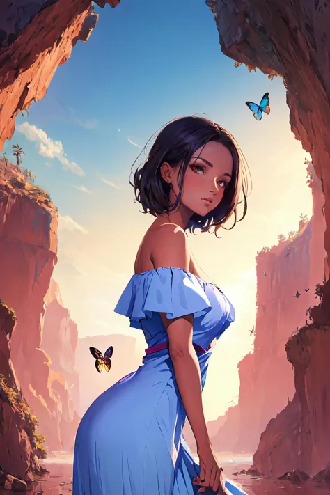 a woman in a blue dress standing in a cave with a butterfly