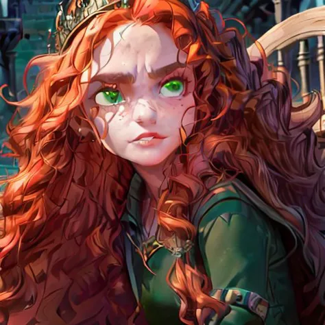 character: Merida, archer, armorer, medieval, good quality, disney style, red hair, (perfect_face), ((stone throne)), (stone cas...