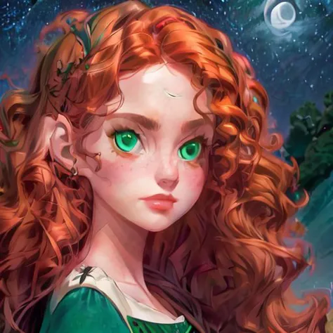 a close up of a girl with red hair and green eyes