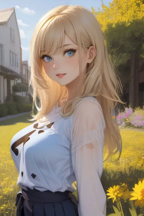 (1girl, solo, gigantic breasts:1.6, (mole on breast), blonde hair, very long hair, loose bangs, hair over one eye, blue eyes, beautiful face, heart shaped lips, red lips, delicate and detailed body, correct anatomy, abs, sexy thighs, sexy legs), BREAK 
cleavage, pullover top, pleated tennis skirt, lace, sexy attire, BREAK 
(masterpiece, best quality), (absurdres:1.2), (ultra detailed, 8K, ultra highres:1.2), (bokeh, sharp focus, depth of field), BREAK 
smiling, seductive smile, grin, seductive eyes, cute, consistent, BREAK
dynamic pose, (flower field:1), (sunny day:1), (blue sky:1), [looking at viewer]