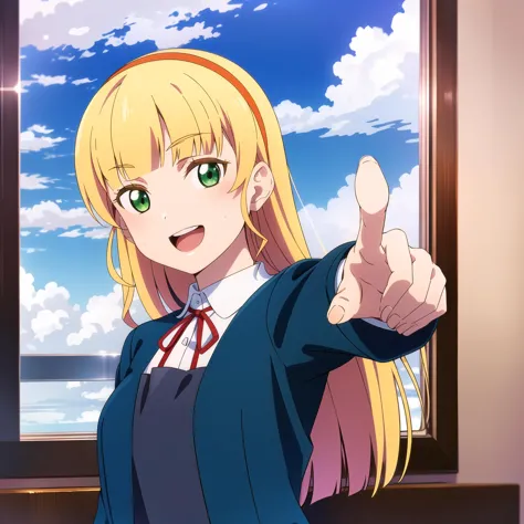 anime girl with blonde hair and green eyes giving a thumbs up