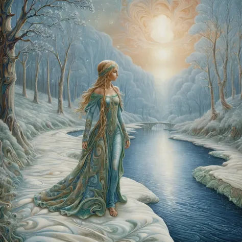 a painting of a woman in a blue dress standing on a snowy hill