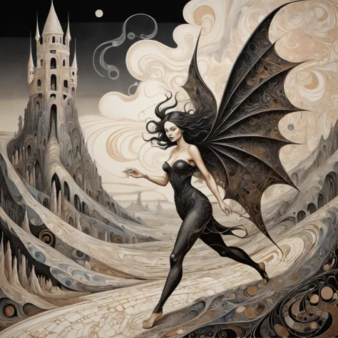 painting of a woman with a dragon wings and a castle in the background