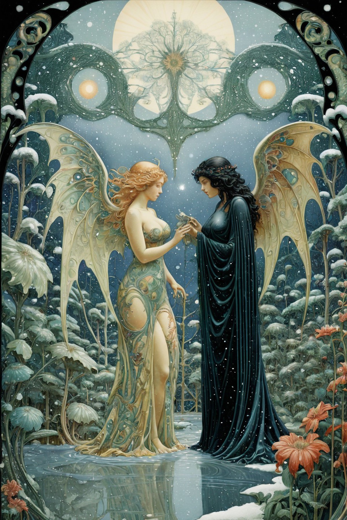 A painting of two angels standing next to each other in a snowy forest -  SeaArt AI