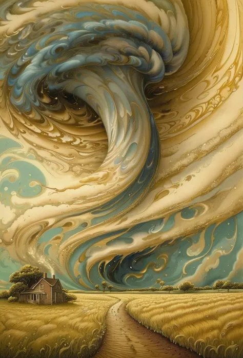 Magic Realism, xlmrblng15-1300 magnificent fairy staring at a tornado in a prairie landscape, (gold-tinted:0.5), very detailed, intricate, (stormy:1.21)