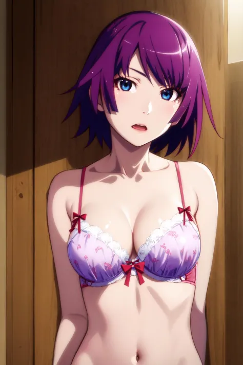 1girl solo breasts short hair bursting breasts purple eyes belt