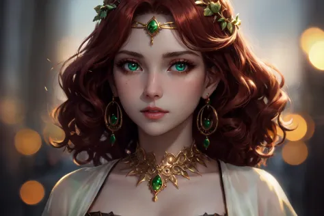 close up shot of a red head girl, curly hair, pale skin, green detailed eyes, earrings, jewelry, golden circlet, by greg rutkowski, detailed, intricate, hdr, dof, bokeh