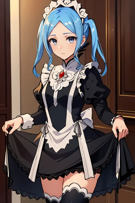 (masterpiece, best quality:1.2), solo, 1girl, floradef, expressionless, looking at viewer, dress lift, maid, maid headdress, black thighhighs <lora:flora-fe-richy-v1:1.0>