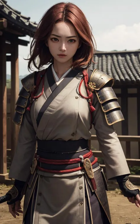 (masterpiece, best quality:1.4), (8k,raw photo, photo realistic:1.2), 1girl, japanese samurai, japanese armor, dark red hair, (dark brown eyes), in combat