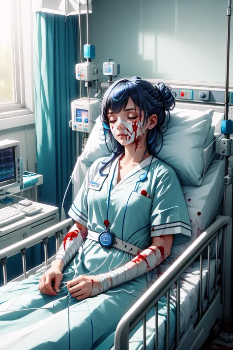 (masterpiece, best quality),  intricate details,
1girl,    <lora:gijinkaseries_civitai-18:0.8> civitai-chan, braided bangs, blue hair, 
  <lora:e-patient:0.6>life support machine,lying on hospital bed,lying,sleeping,hair bun,stethoscope,hospital gown,bandages,monitor,thermometer,blanket,cable,on bed,tape measure,computer,(((bloody, blood on gown))),bandages on face,